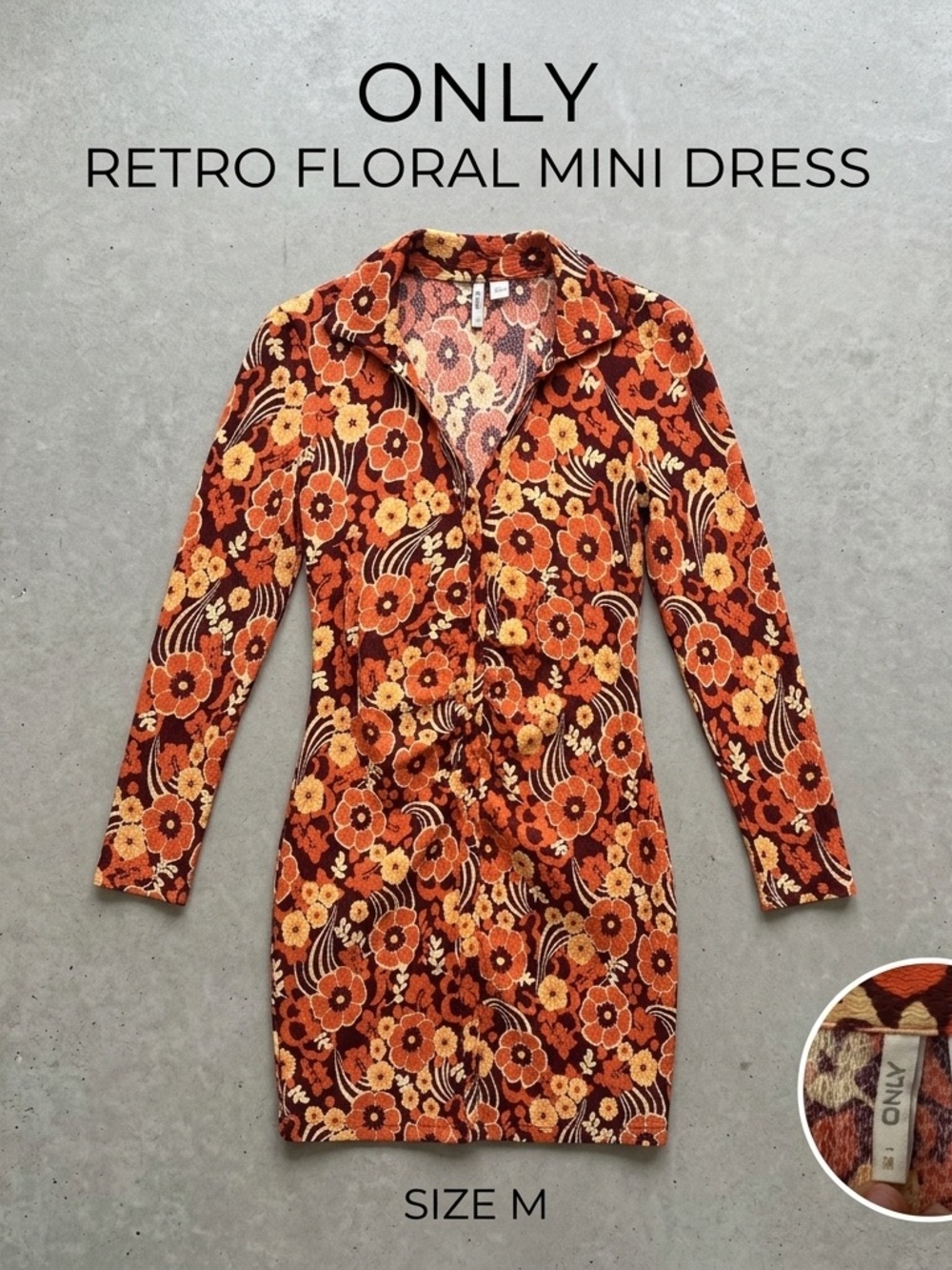 ONLY Retro Floral Mini Dress in Orange and Brown